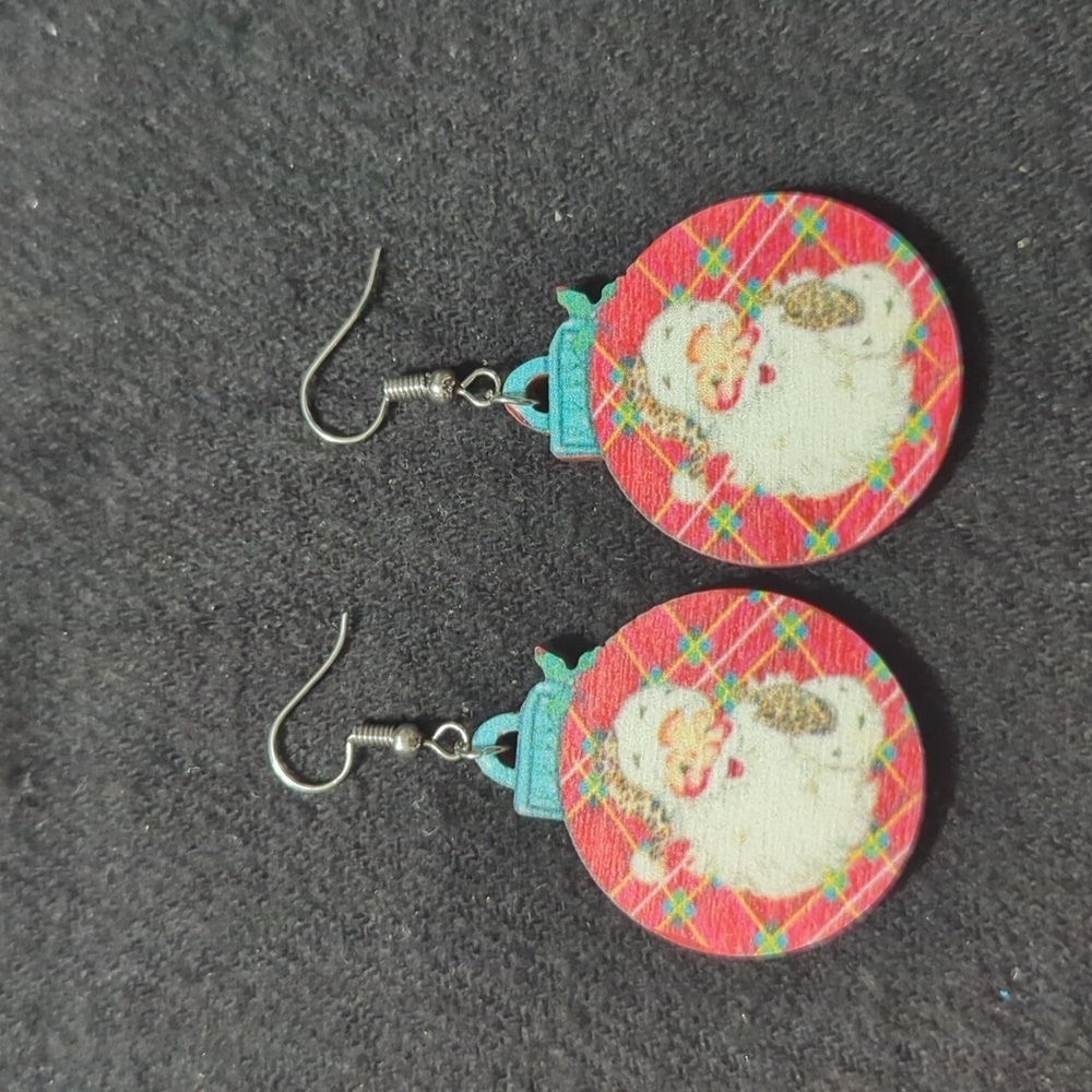 Green White Red Santa Ornament Christmas Holiday Wood Dangle Statement Earrings